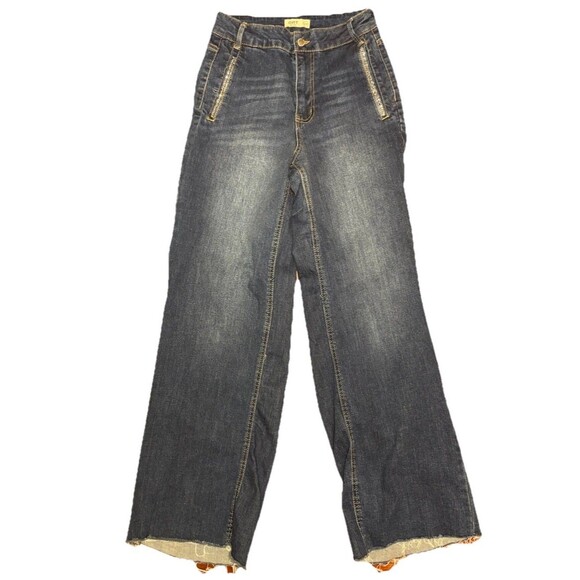 OAT New York High Rise Wide Leg Jeans Size 4/27 Rhinestone Pocket Detail Raw Hem - Picture 2 of 7